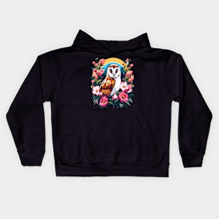 Cute European Barn Owl Surrounded by Bold Vibrant Spring Flowers Kids Hoodie